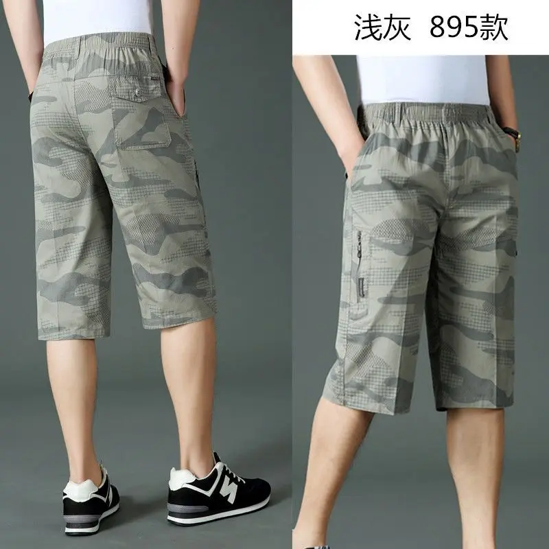

Мужские летние камуфляжные брюки-капри, повседневные свободные хлопковые шорты с несколькими карманами до середины икры для мужчин