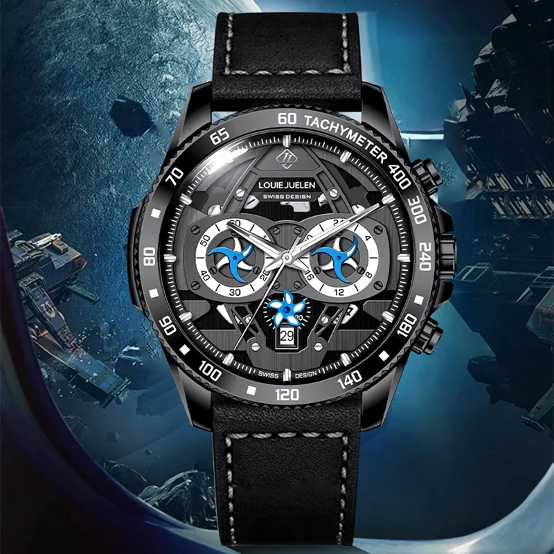 LOUIE JUELEN ساعات رياضية رجالية مقاوم للماء ريال ثلاثة عيون التقويم ساعة كوارتز متعددة الوظائف ساعة عادية Reloj Hombre