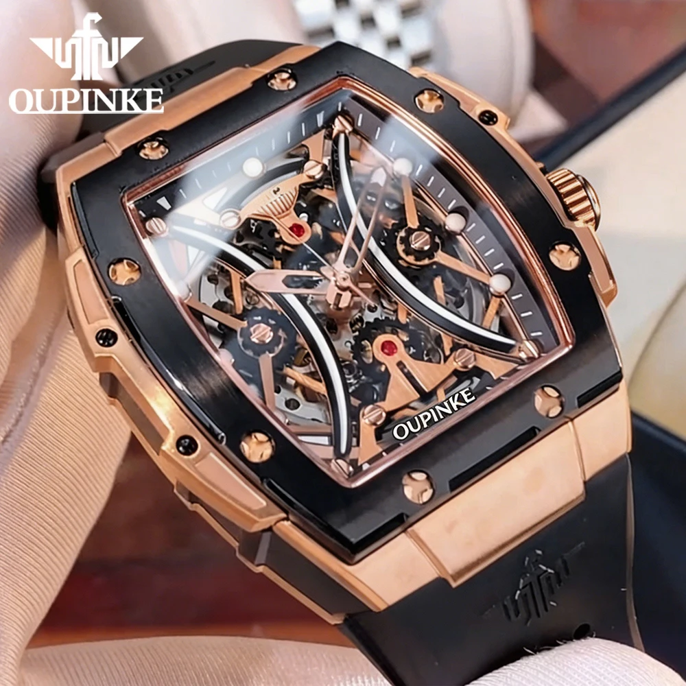 

OUPINKE Men's Watches Top Brand Luxury Fashion Classic Hollow Mechanical Tonneau Dial Original Automatic Wristwatch Waterproof