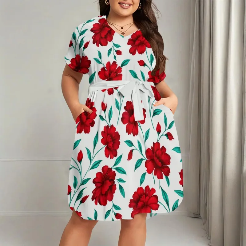 

Womens Casual Plus Size Summer Boho Floral Print Swing Midi Dress with Pockets，Summer dress