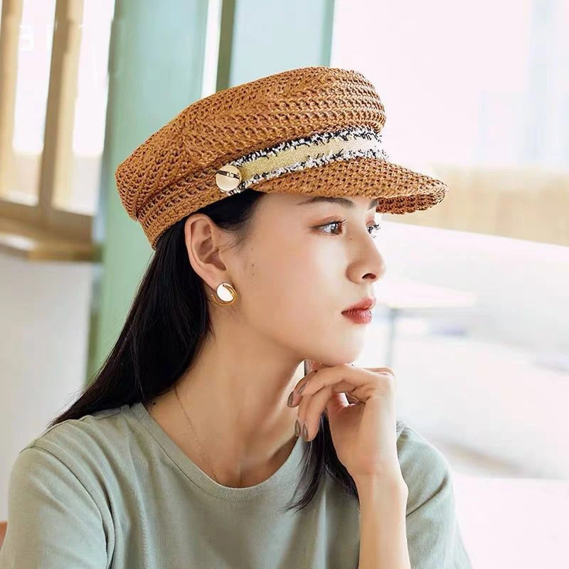 Simple Women Summer Visor Straw Hat Version Fine Art Retro Beach Visor Hat Beret Female Bonnet Caps Girl Mesh military cap