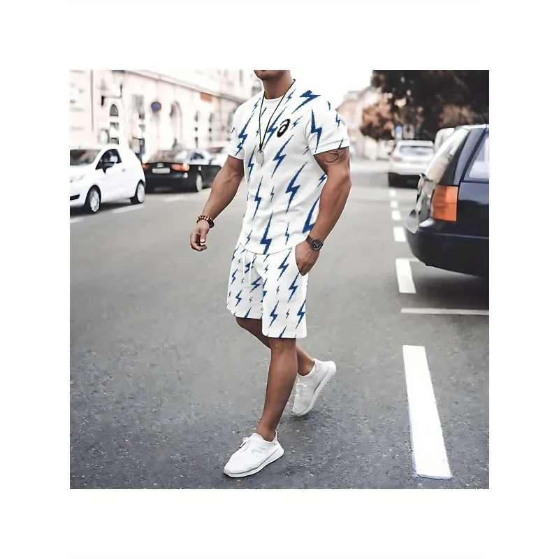 

2025 Fashionable and Trendy Outdoor Leisure Sports Two-piece Set 3D Printed Round Neck T-shirt Shorts Set Polyester Fiber