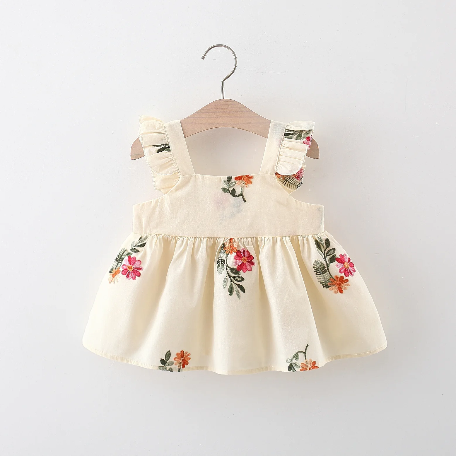 Baby Girl Summer Dress With Flying Sleeves  Small Flower Embroidery  Solid Cotton Dress (0-3 Years Old)