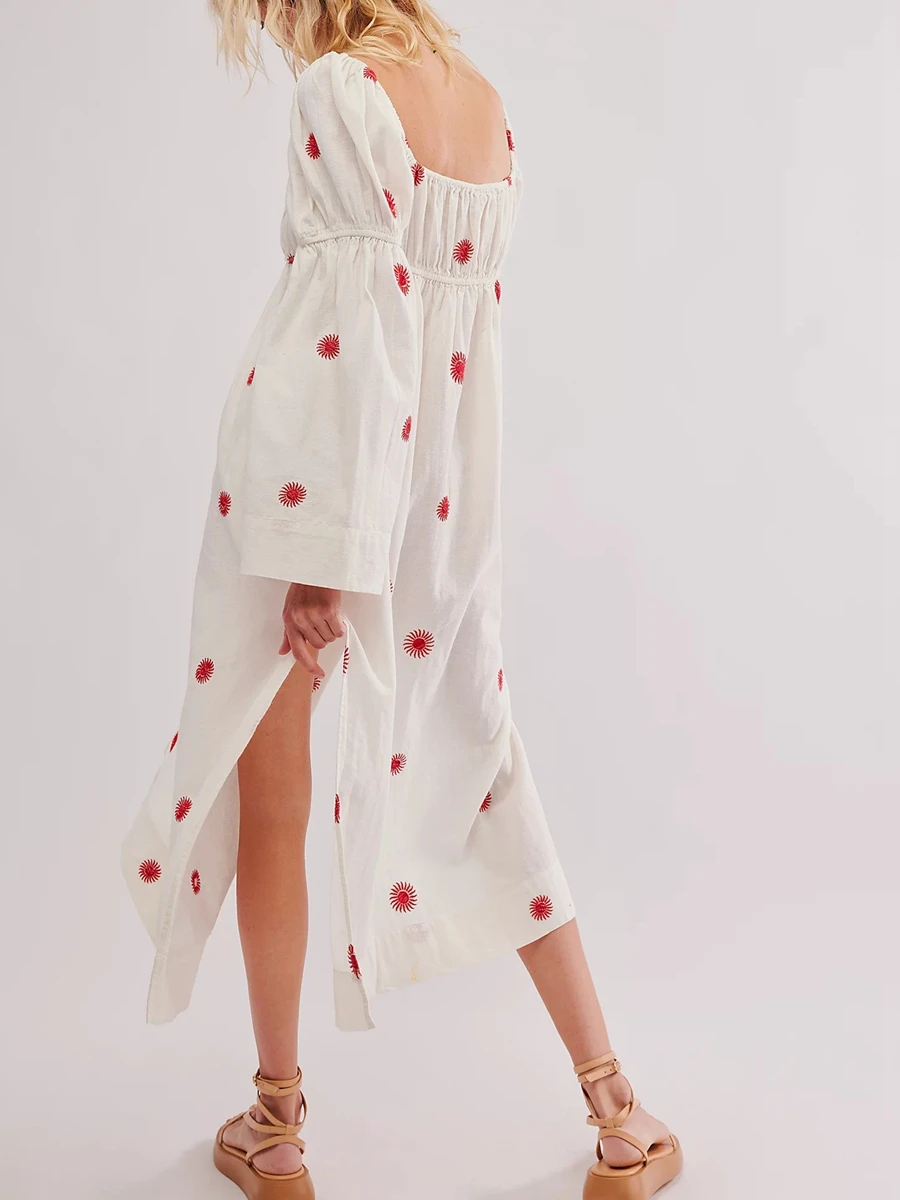 Women Floral Embroidered Midi Dress Long Flare Sleeve Tie up Square Neck Bohemian Flowy Dress Split Hem Linen Sundress