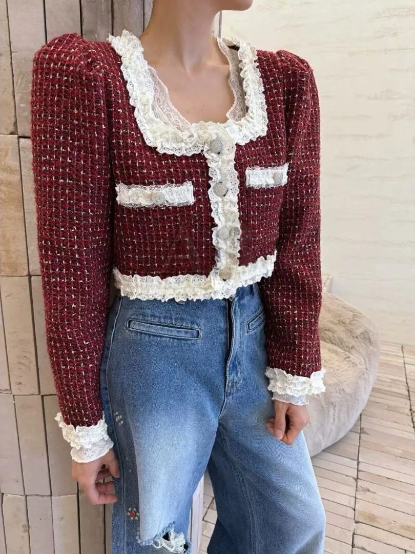 Chic Heavyweight Lace Trim Shoulder Pad Bubble Sleeve Little Black Dress Woolen Coat Korean Style Spring Autumn Winter Outerwear