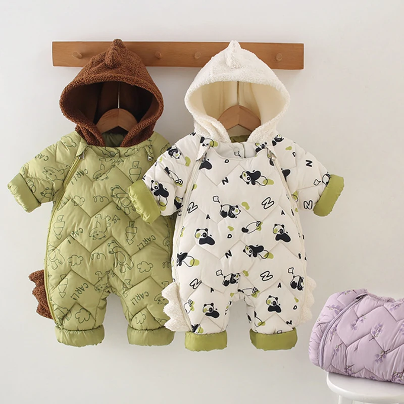 Winter Baby Boys Girls Rompers Cute Cartoon Panda Dinosaur Fleece Lining Thick Warm Hooded Bodysuit For Kids One Piece Overalls