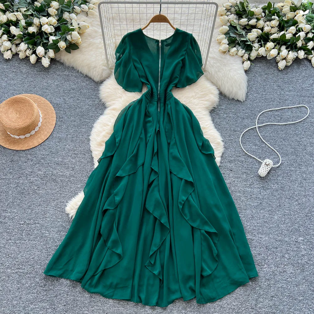 Chic vintage Sexy V-neck Criss-Cross ruffle Fairy Summer  Women Boho Sundress women clothing Long dress