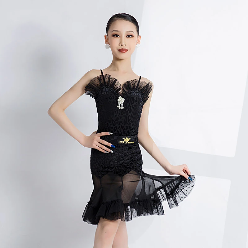 

Black Lace Mermaid Latin Dance Dress Children'S Dancing Clothes Ballroom Performance Dance Dresses For Girls Latin Dress SL6575