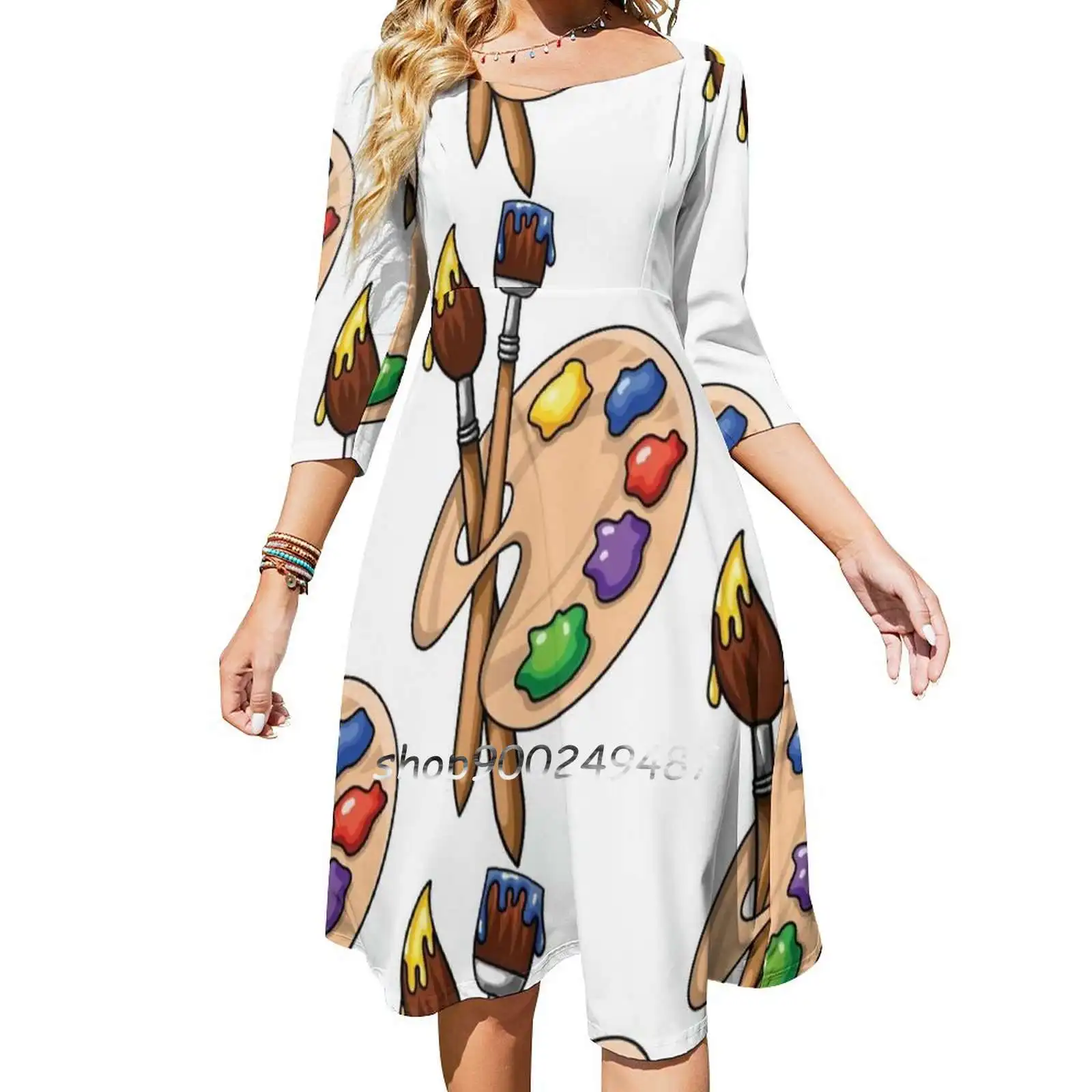 Cartoon Wooden Art Palette With Paints And Two Brushes Square Neck Dress Cute Loose Print Dresses Elegant Beach Party Dress