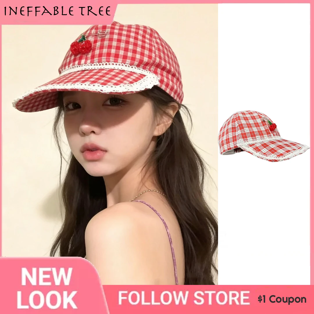 Gorras de béisbol Y2K con broche de cereza y encaje, rojas a cuadros, con visera, lindas, para mujer, gorras snapback para hombre