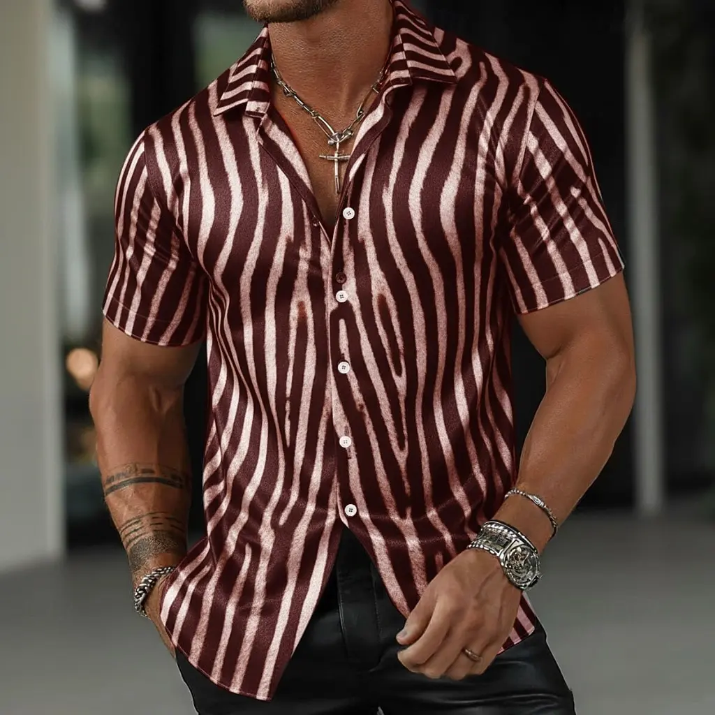 

Men's Zebra Striped Geometric 3D Print Shirt, Short Sleeve Button Up Collar, Casual Daily Office Wear for Spring & Summer