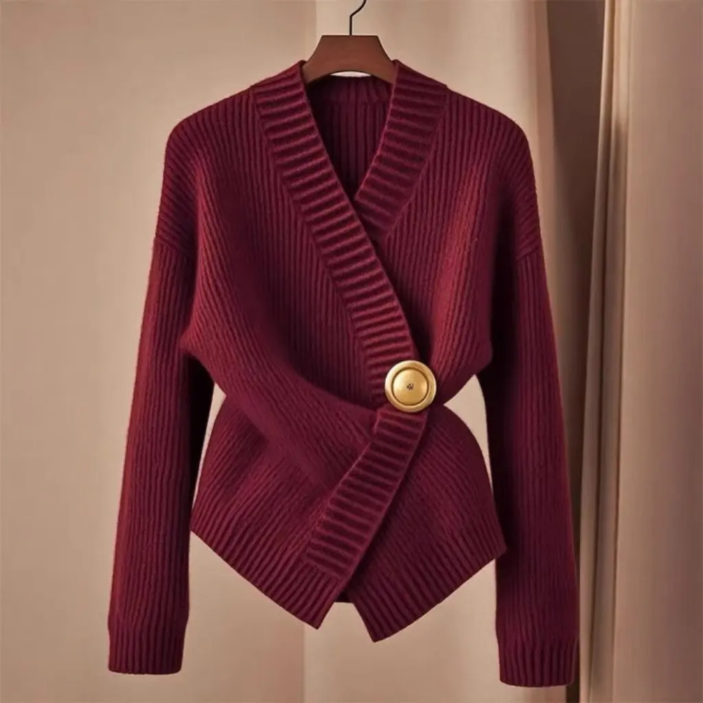 

Women's High-End Xizang Blue V-neck Sweater Tight Waist Cold Style Top for Autumn And Winter Wear Irregular Design