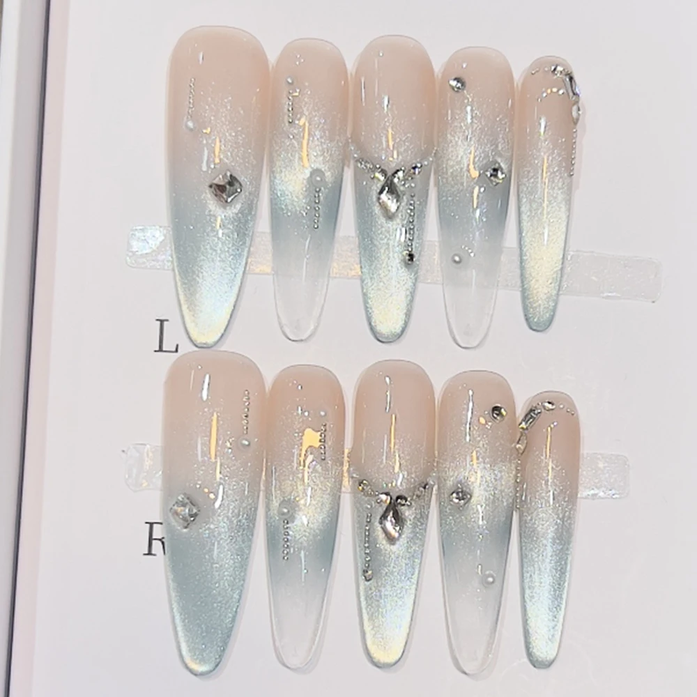 10Pcs Sweet Lovely Cat Eyes Long Stiletto Handmade Press On Nails Light Luxury Glitter Diamond Flowers Wearable False Nails