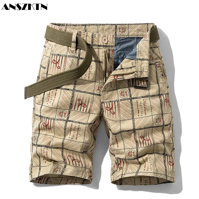 ANSZKTN 100% Cotton Mens Cargo Shorts Summer Streetwear Snack Shorts Hombre Casual Half Pant Print Shorts For Men