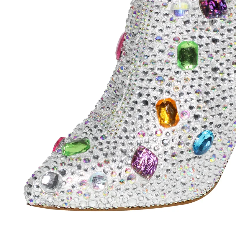 Onlymaker Women Rhinestones Ankle Boots Pointed Toe  Zipper  Luxury Bling  Party Dress Big Size Lady Booties