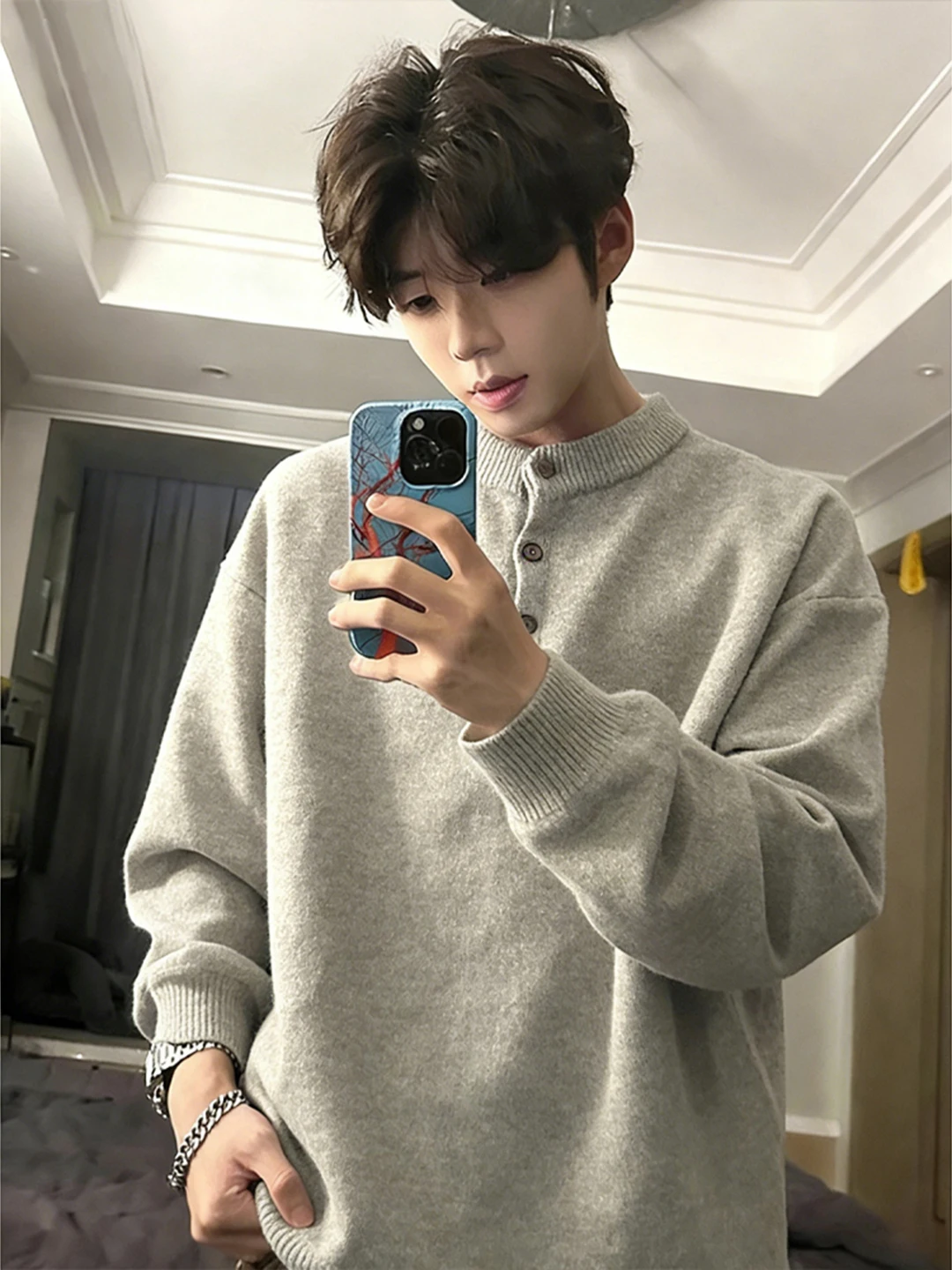 

Light ey Men's Henry Collar Knitwear Ne Base irt CleanFit Inner Wear Casual Loose Fit American Sle Long Sve