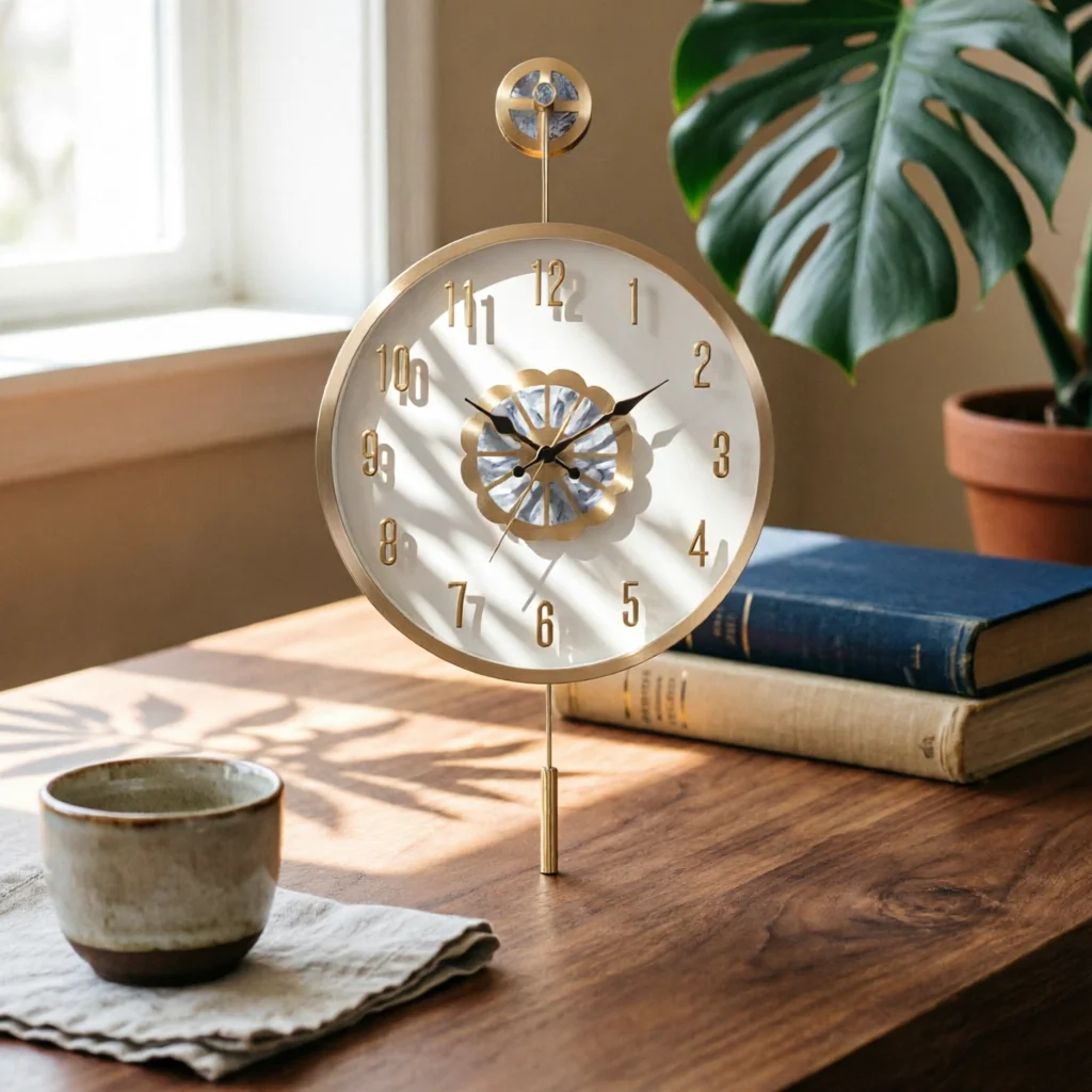 Battery Operated Wall Clock Quartz Wall Clock with Pendulum Non-Ticking Luxury for Decorators, Living Room, Hallway