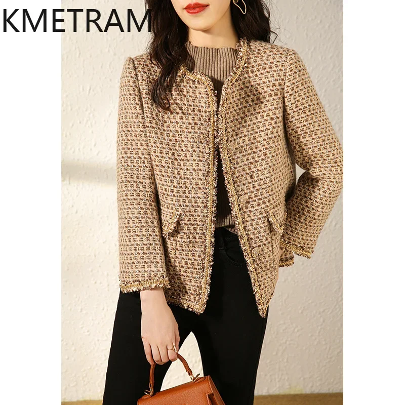 KMETRAM Real Wool Tweed Jackets V-Neck Short Jacket High Quality New in Outerwear Fall Clothes Women 2024 Chaquetas Para Mujer