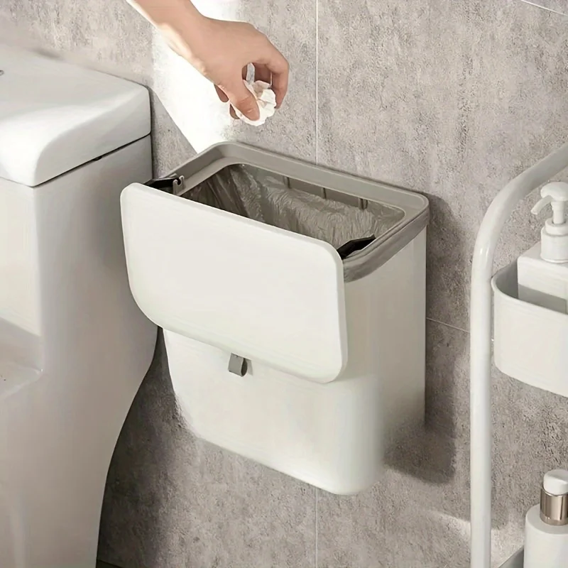 

Effortless Cleanup Space-Saving White Wall-Mounted Trash Bin for Kitchen - Durable Plastic, Multi-Functional Garbage Storage