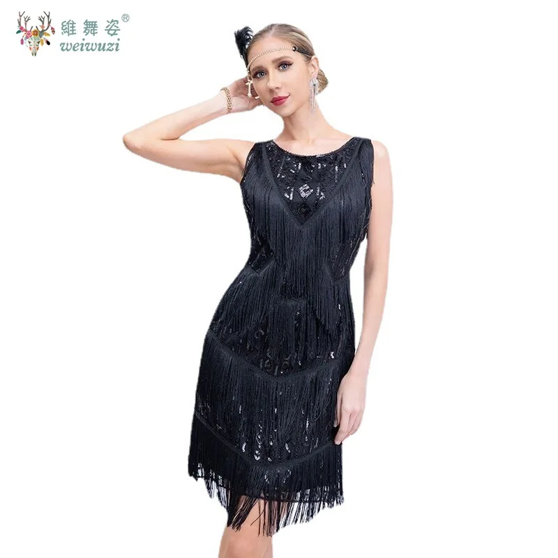 Gaun Lembut dan Melar Leher U Tanpa Lengan Slim Fit Ballroom Gatsby Payet Rumbai Bordir Manik Retro Pesta Koktail Klub Malam