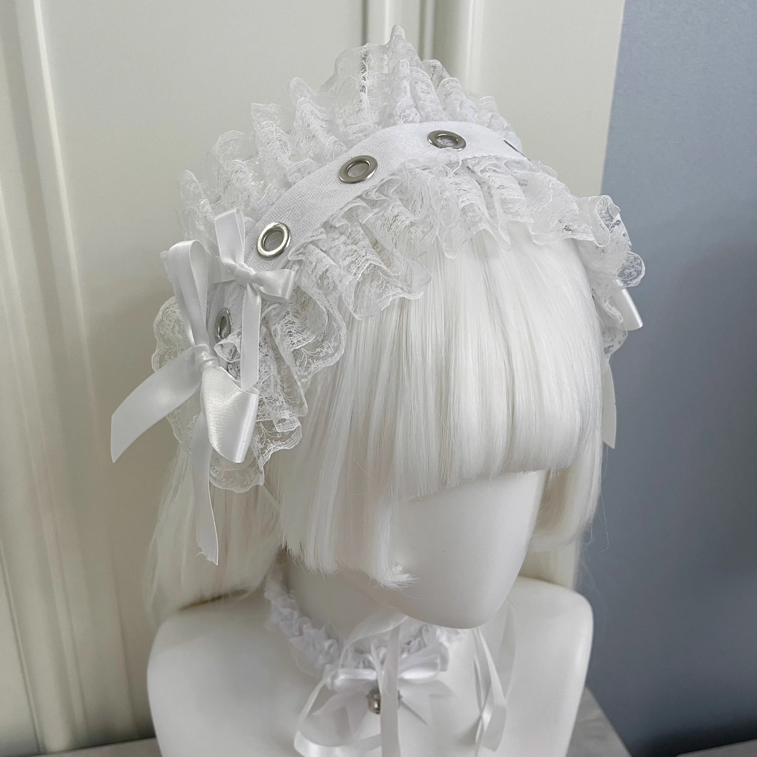 Nowa Lolita Harajuku ażurowa opaska na głowę Spicy Girl koronkowa kokarda nity ozdoba na głowę Dark Gothic KC nakrycie głowy