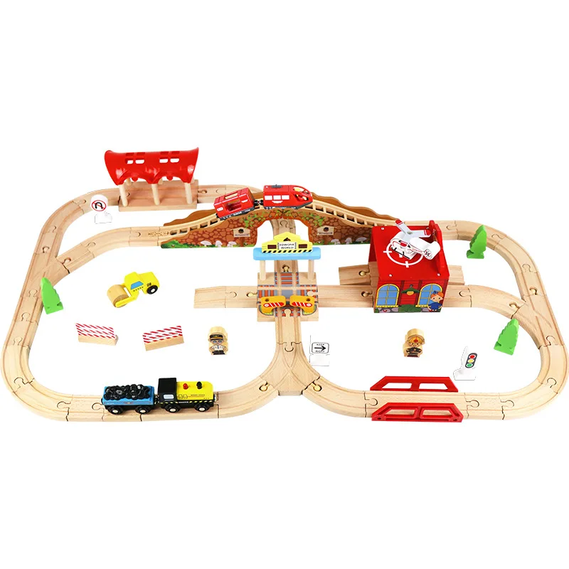 Wooden Train Track Highway Scene Set Railway Electric Magnetic Train Toy For All Brands Wooden Track Toy Boy G11