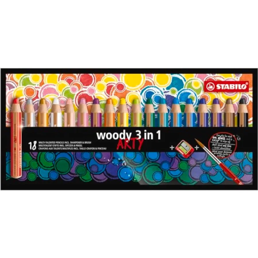 

Многофункциональный карандаш 3-в-1 woody - ARTY - Набор из 18 штук - Ассорти цветов с точилкой и кисточкой для рисования