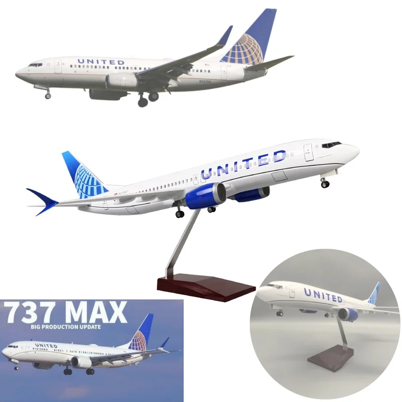 

47cm B737Max United Airways 1/85 Scale Aircraft Diecast Resin Model Toy Airplanes With Light And Landing Gear For Birthday Gift