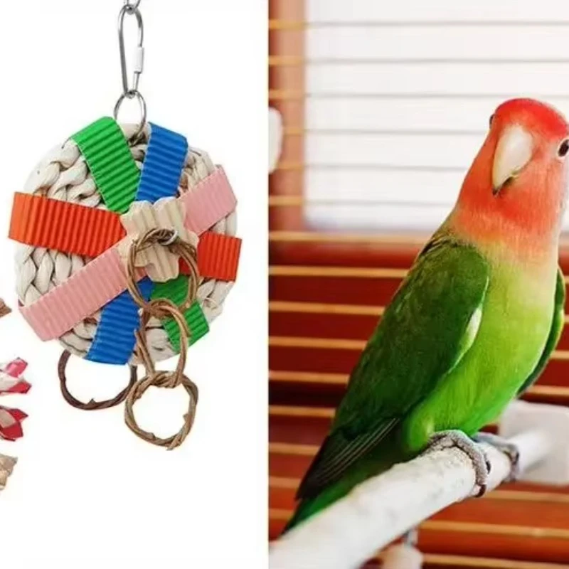 Parrot Chewing Toy Phoenix Head Parrot Chewing Toy with Metal Hook Colorful Foraging Long Tail Parrot Straw Chop