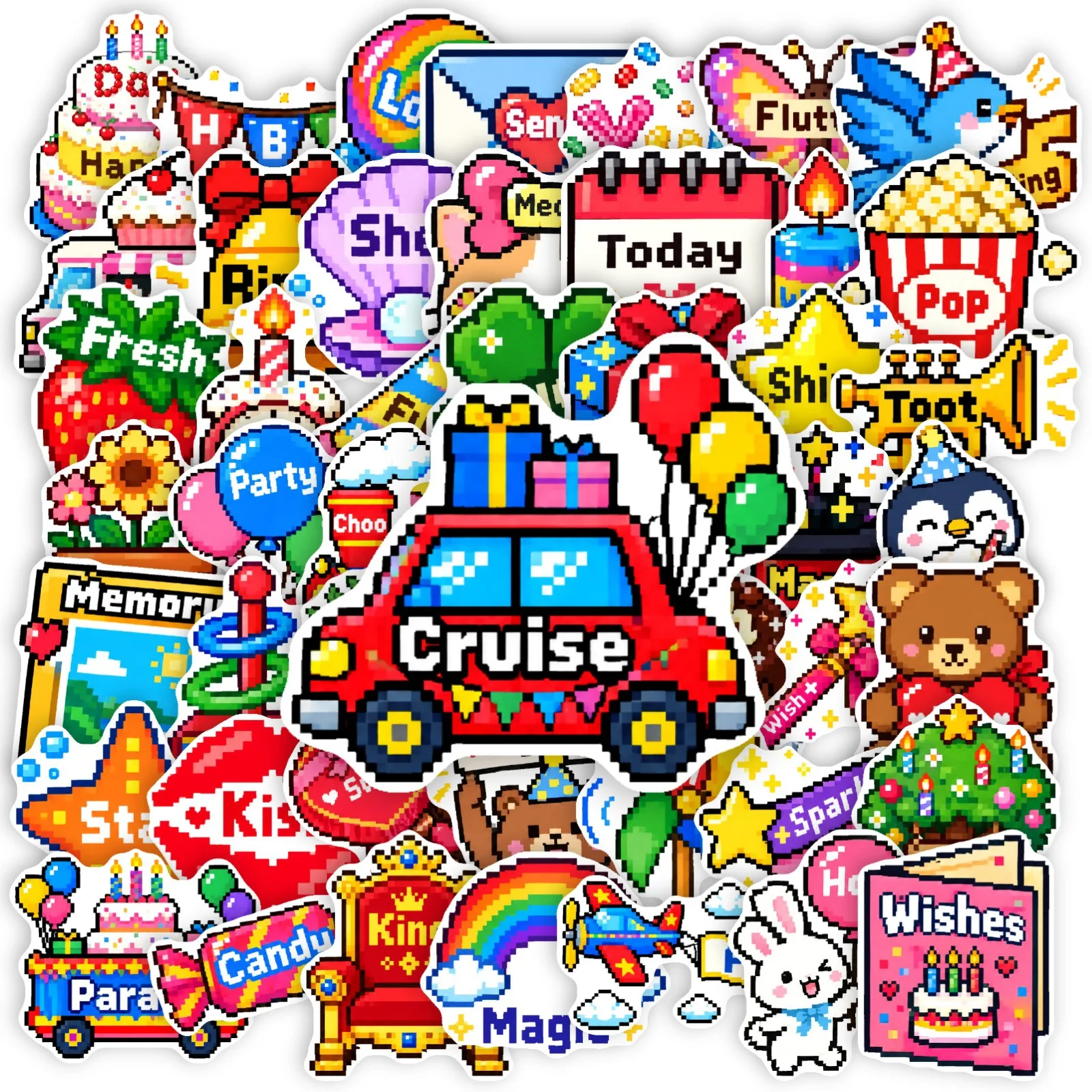 50 PCS Pixel Style Birthday Party Theme Cartoon Stickers For Party Atmosphere Decoration Reward Waterproof Student Decals