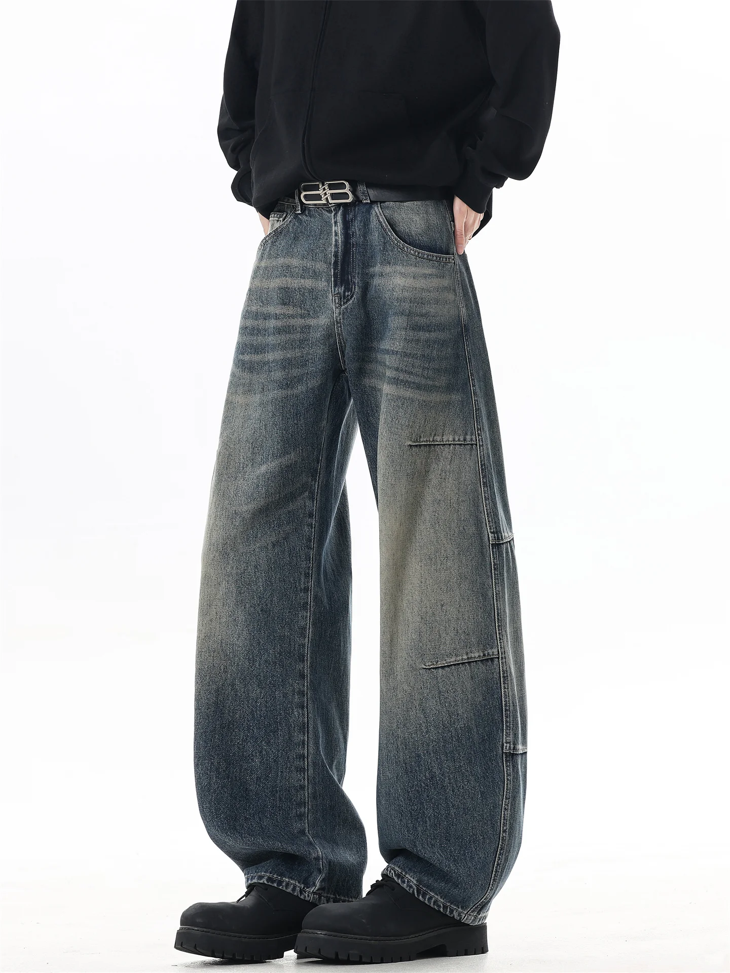 

Retro American Denim Jeans Men's High Street Split Deconstructed Waed Straight Loose Wide Leg Long Pants Trendy Brand