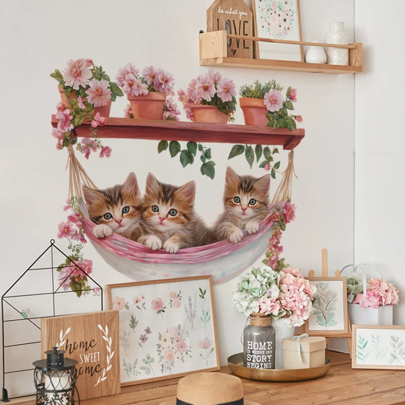 رسمت زهرة النبات بوعاء القط أرجوحة دراسة غرفة نوم غرفة الأطفال ديكور الجدار ملصق ذاتية اللصق القابلة للإزالة