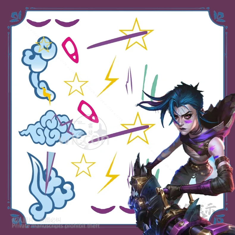 الدوري Jinx الموسم 2 تأثيري حلي الدعائم ملحق المؤقتة لصاقات وشم LOL ألعاب الشغب Jinx شخصية الجسم هالوين كوس