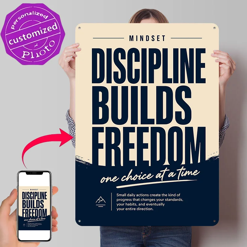 Mindset Discipline Builds Freedom Motivational Poster Retro 3D Printed Metal Signs Customized Wall Hanging Gift for Office Decor