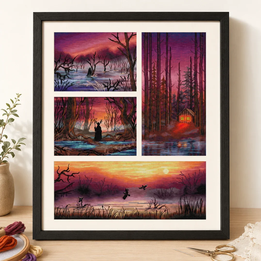[CC5354-Swamp] Cross Stitch KitStamped Cross Stitch Kit for Adults and Kids, Easy Pre-Printed Canvas with Cotton Threads and Nee