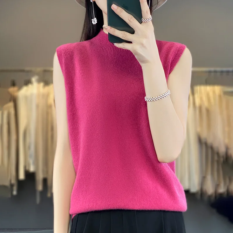 100% Wool Spring and Autumn Half-high Neck Pure Wool Knitted Vest Sleeveless Women's Skinny Wear Bottom Shirt