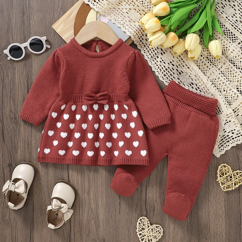 2pcs Baby Girl Clothes Sets Cute Bowknot Dots Knitted Newborn Red Full Sleeve Sweater Tops+Trousers Outfit Autumn Winter Costume