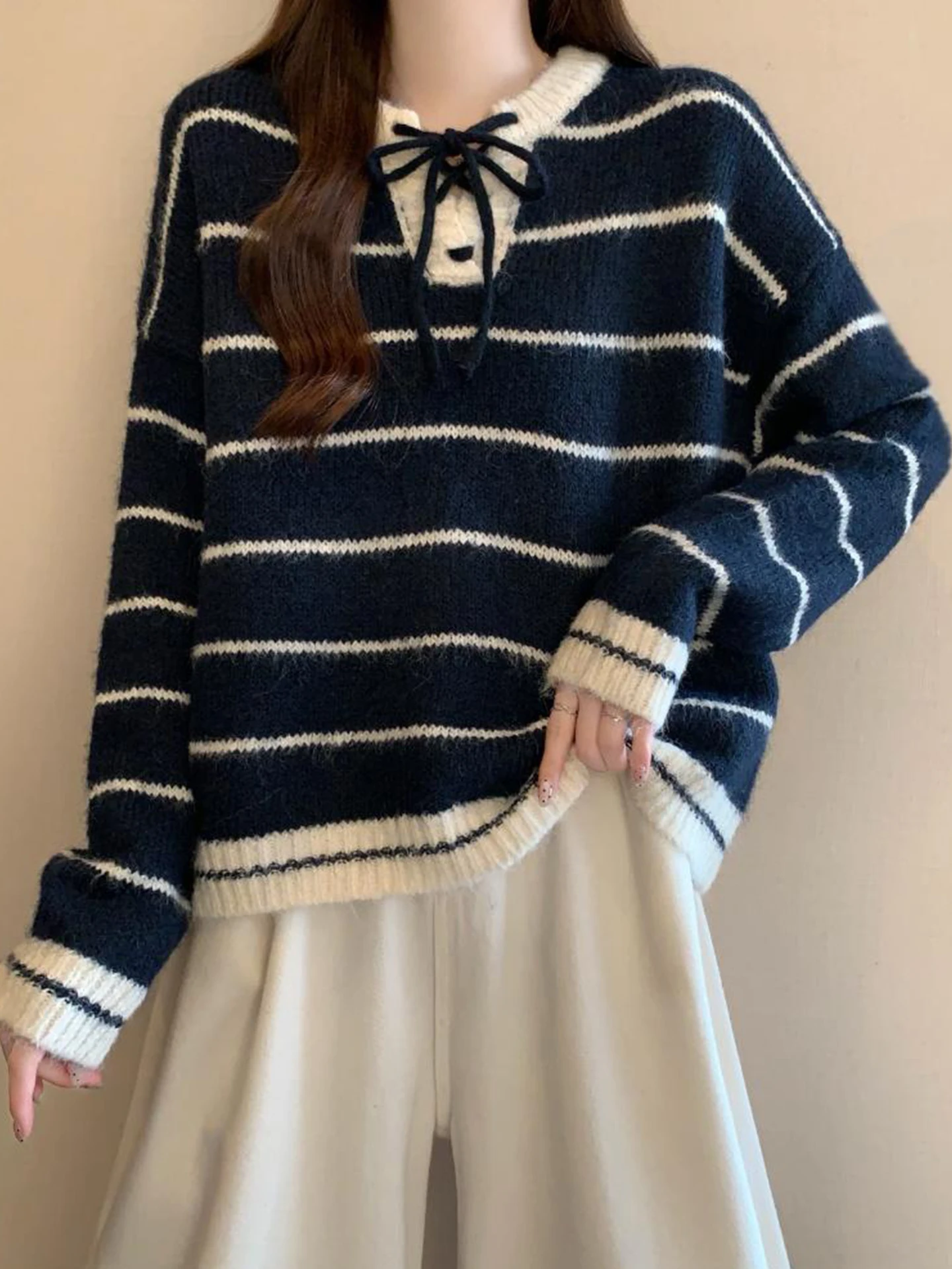 

Korean Sle Striped Knitwear Women's Autumn Winter plus Size Lazy Design Versatile Overhead Sweater Color Blo Print Loose Fit