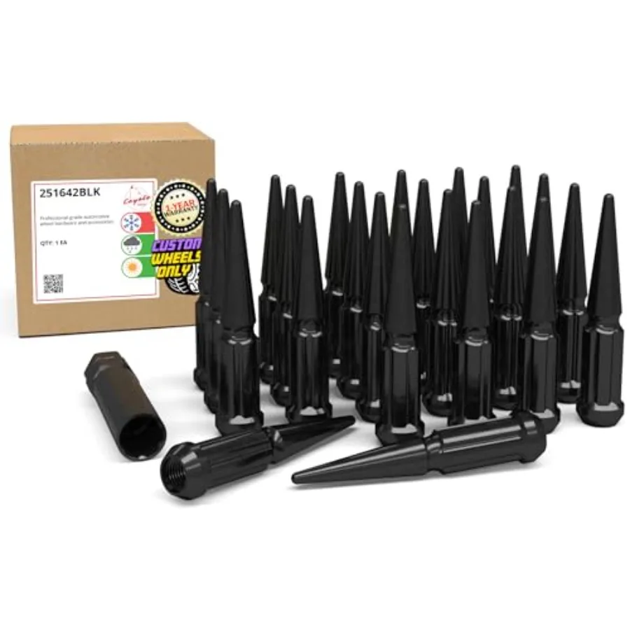 

24 Pcs 1/2-20 Thread Spike Spline 4.40 Long Lug Nuts Black Chrome 7/8 13/16 Hex Fits Dodge Dakota Durango Viper SRT Viper Heavy
