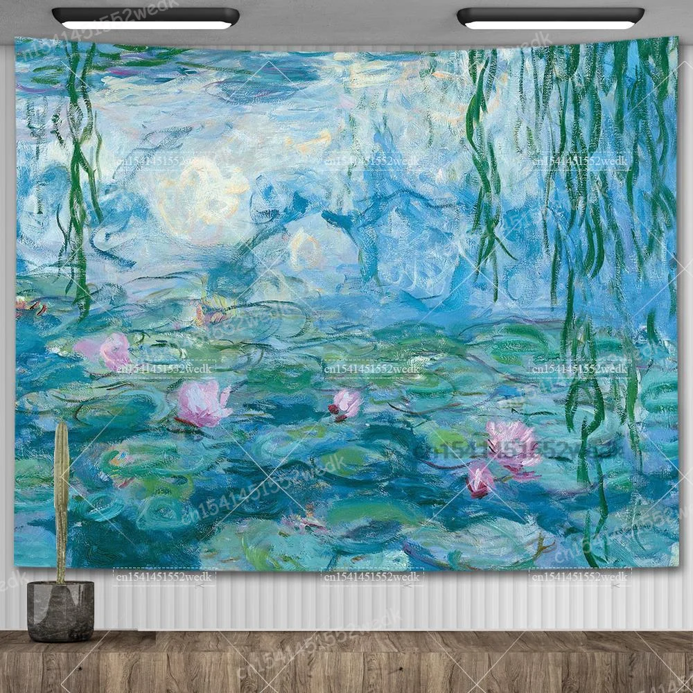 Pintura al óleo de lirio de agua de Claude Monet, tapiz colgante de pared, decoración de habitación estética, obra de arte, tapiz de paisaje,