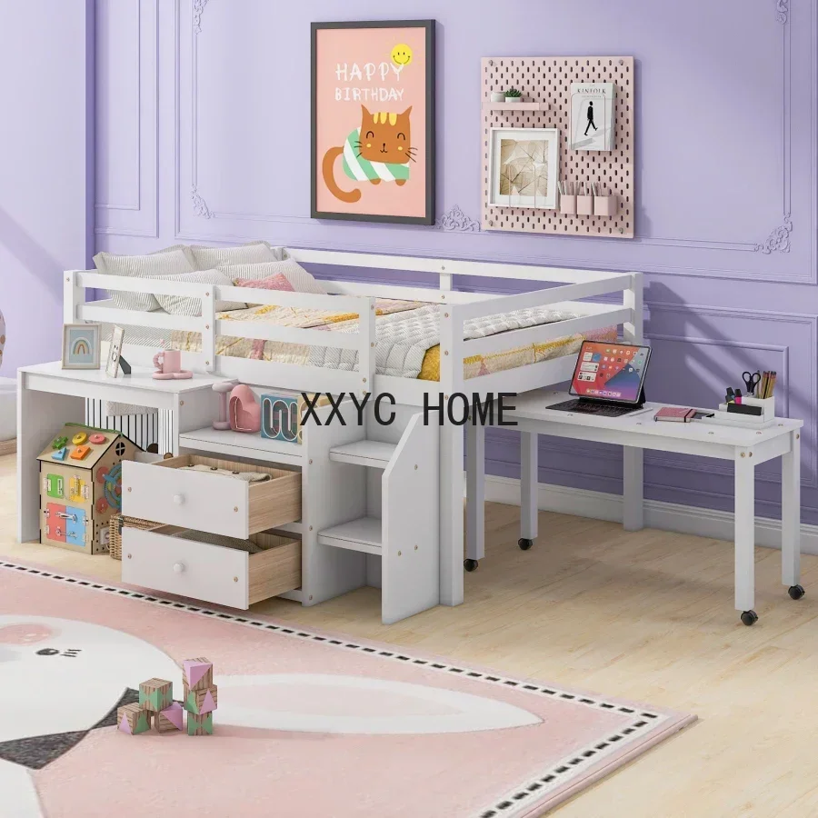 

Full Size Loft Bed with Desk and Drawers,Multifunctional Wooden Loft Bed with Lateral Portable Desk,Easy Assembly,Kids bedroom
