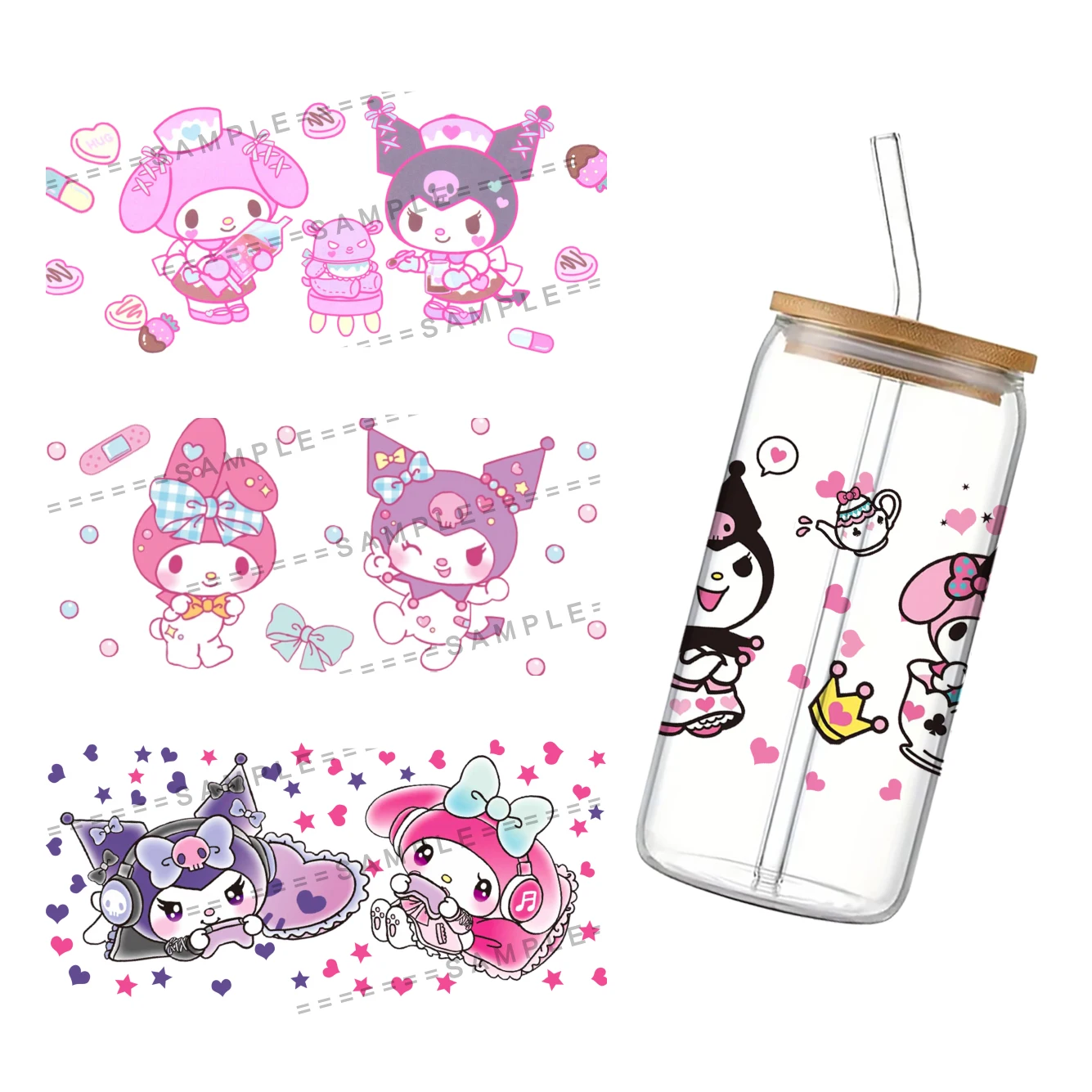 Sanrio Kuromi My Melody UV DTF Transfers Stickers Decals For 16oz Libbey Cold Cups Tumbler Mugs