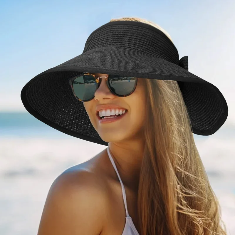 Summer Foldable Empty Top Straw Hat Portable Outdoor Sunscreen UV-Resistant Sunshade Hat Fashionable Casual Bow Beach Hat
