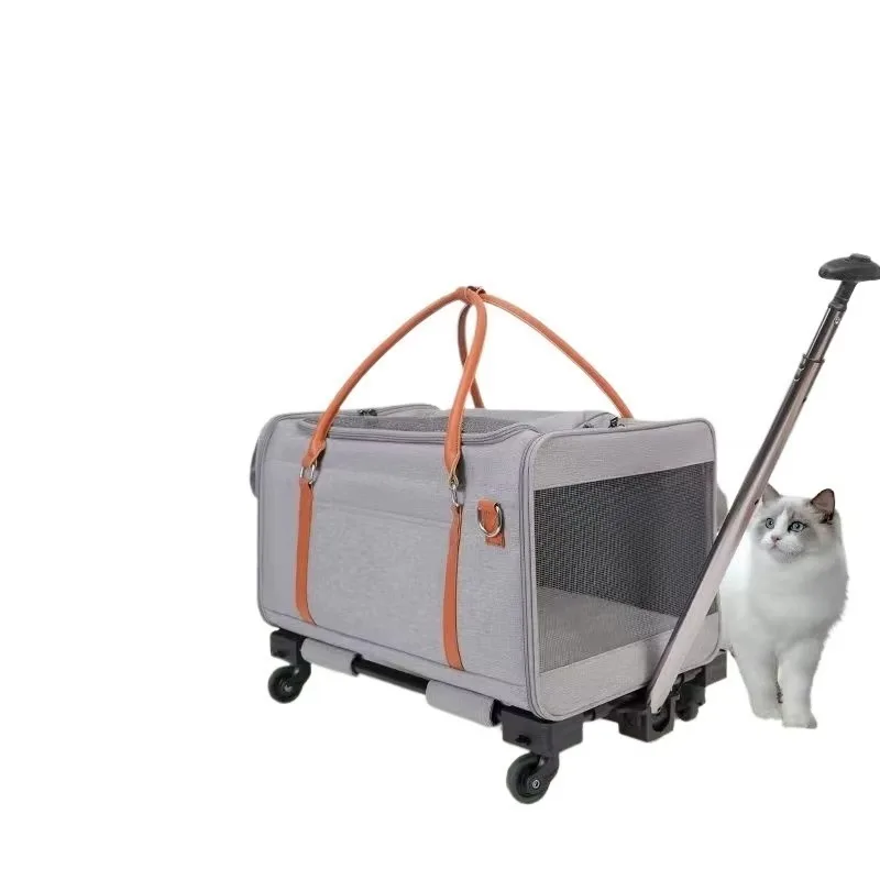 Furrivo Large Nylon Pet Carrier Tote Bag Expandable Travel Handbag with Trolley Sleeve for Cats and Dogs-Gray Blue Beige