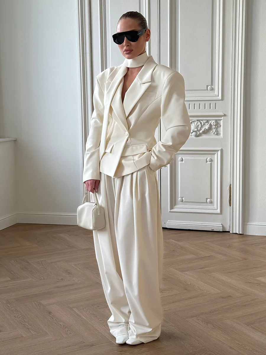 Blubelle Autumn Winter New Women's Belted Neckline Tie Blazer Structured Shoulders Short Jacket Elegant Office Commuting Coat