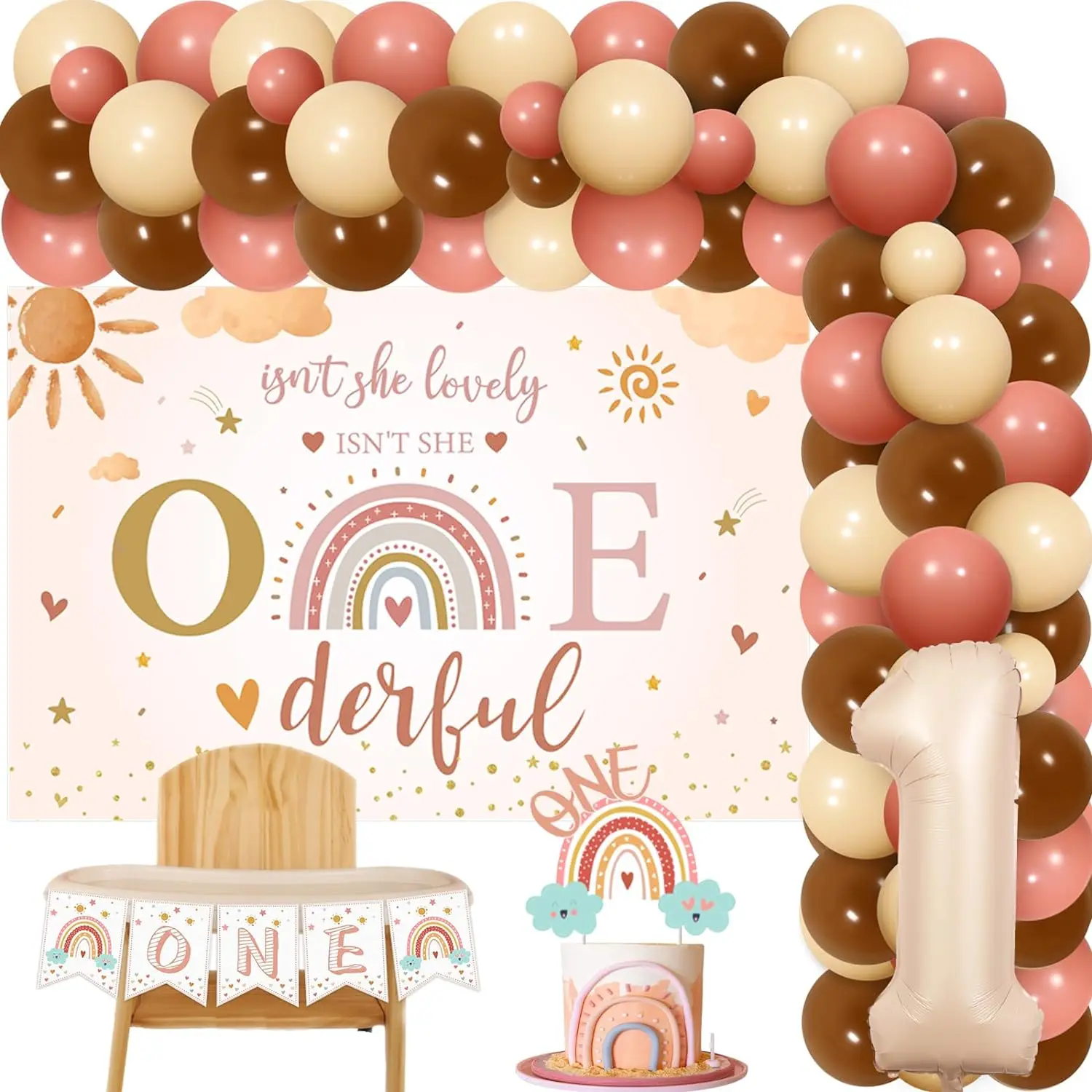 

Isn't She Lovely Isn't She Onederful Decor Boho First Birthday Balloon Garland Kit with Backdrop One CakeTopper HighChair Banner