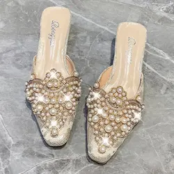 Shoes Square heel Ladies' Slippers Med Slipers Women Cover Toe String Bead Block Soft 2024 Summer Slides Scandals Casual