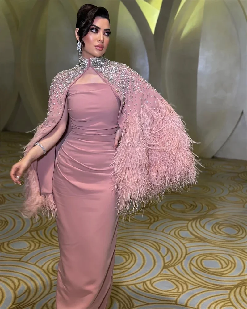 Purple Pink Feathers Wrap Evening Dresses For Women Strapless Ruched Side Slit  Luxury Crystals Wedding Party Prom Dress Dubai