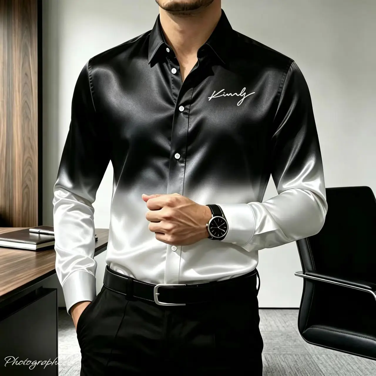 Men's Satin Silk Shirt Gradient Color Faith Letter Print Slim Fit Long Sleeved Button down Collar Business Casual Party Top