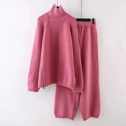 Autumn and Winter 2024 New High-grade Irregular High-necked Fashion Sweater Wide-leg Pants Thickened Two-piece Suit Women